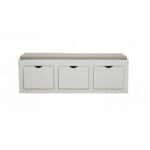 White wooden storage bench with three drawers and cushioned top.
