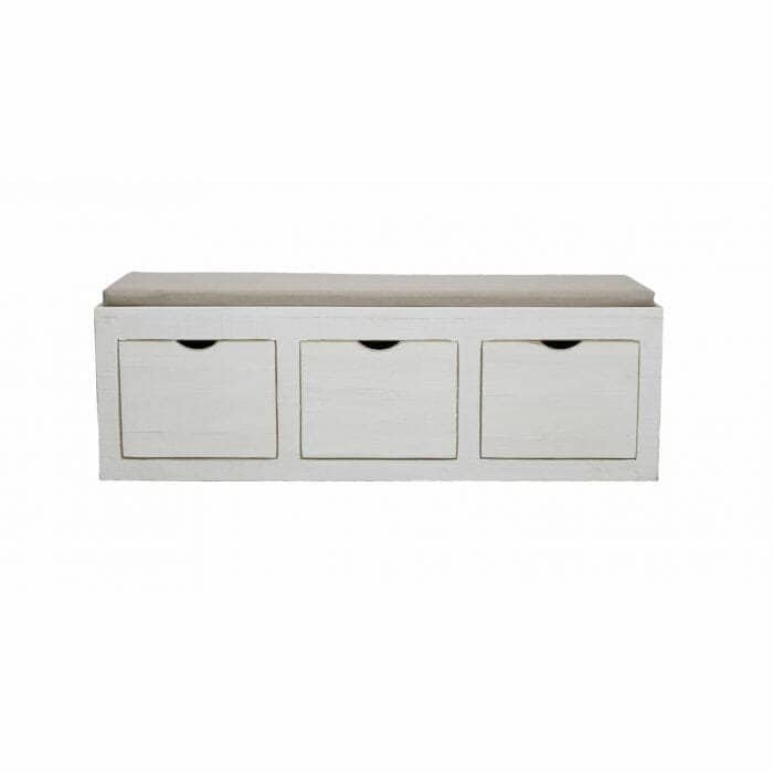 White wooden storage bench with three drawers and cushioned top.