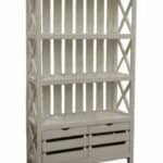 Weathered white wooden crate bookcase with slatted shelves and storage drawers.