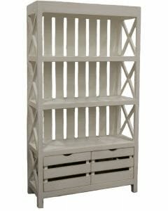 White wooden crate bookcase with three shelves and storage drawers.