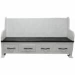 White wooden bench with four drawers and high backrest.