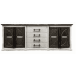 Rustic wood sideboard with barnwood doors and black hardware for farmhouse decor.