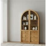 Arched wooden bookcase with shelves and drawers in modern living room.