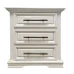 Elegant white wooden dresser with three drawers and metal handles.