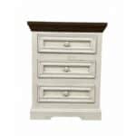 White wooden nightstand with three drawers and dark wood top.