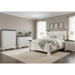 Elegant white bedroom furniture set with bed, dressers, and nightstands in a modern bedroom.