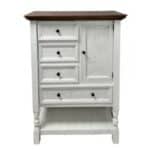 White wooden cabinet with dark wood top and black knobs, rustic style furniture piece.