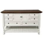 Rustic white wooden sideboard with dark wood top and storage drawers.