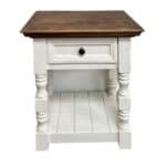Wooden nightstand with white painted base and dark wood top.