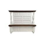 White wooden entryway bench with dark wood top and decorative legs.
