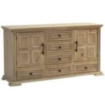 Solid wood dresser with multiple drawers and cabinet doors in natural finish.
