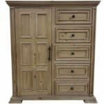 Solid wood bedroom furniture with drawers and cabinet in natural finish.