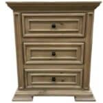Elegant wooden nightstand with three drawers and black knobs.