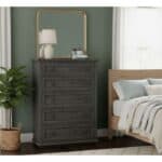 Charcoal gray dresser with mirror in bedroom setting at Athens Woodcrafters.