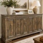 Dark stain media console with six doors and vintage hardware in living room.