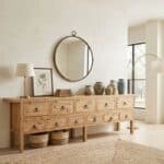 Rustic wooden buffet with mirror and decor in modern home setting.