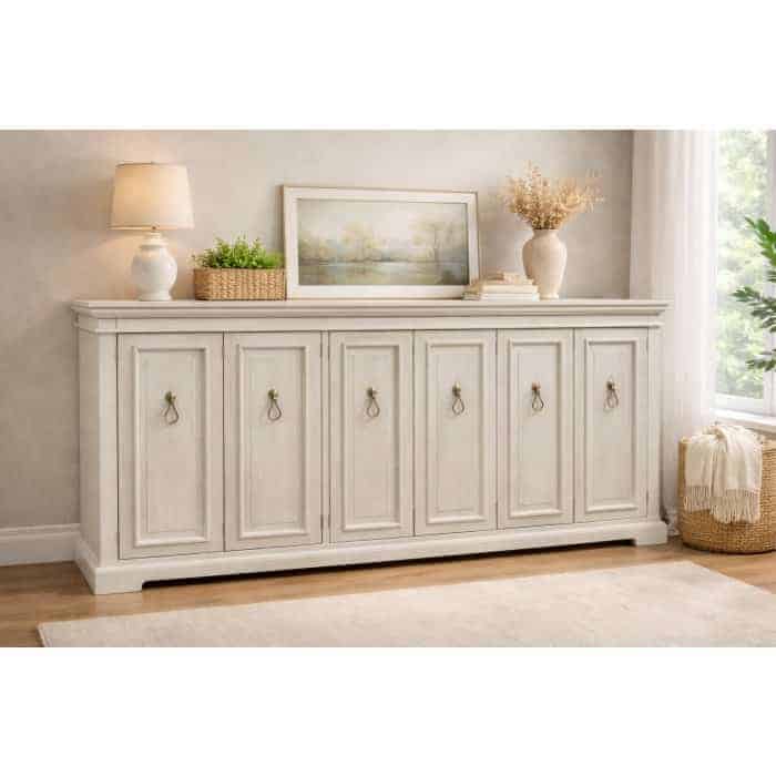 Elegant white media console with six doors and decorative handles in a cozy living room.