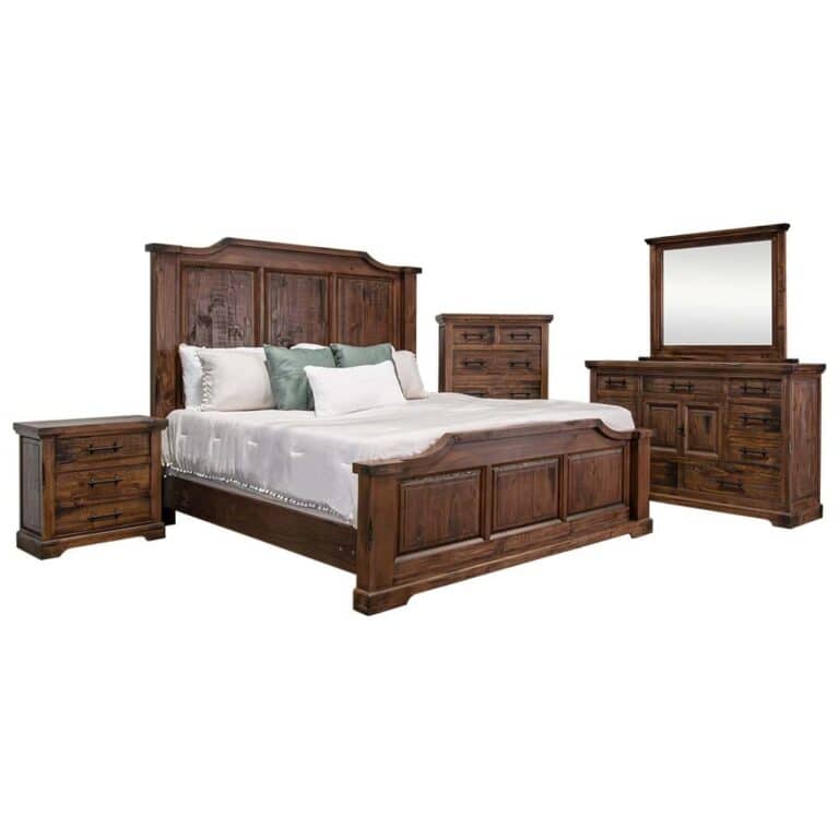 Elegant wooden bedroom furniture set with bed, dressers, and nightstands.
