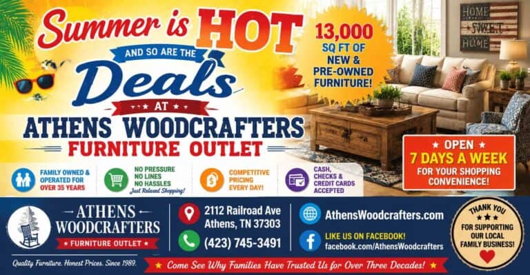 Summer furniture sale at Athens Woodcrafters with discounts on new and pre-owned furniture.