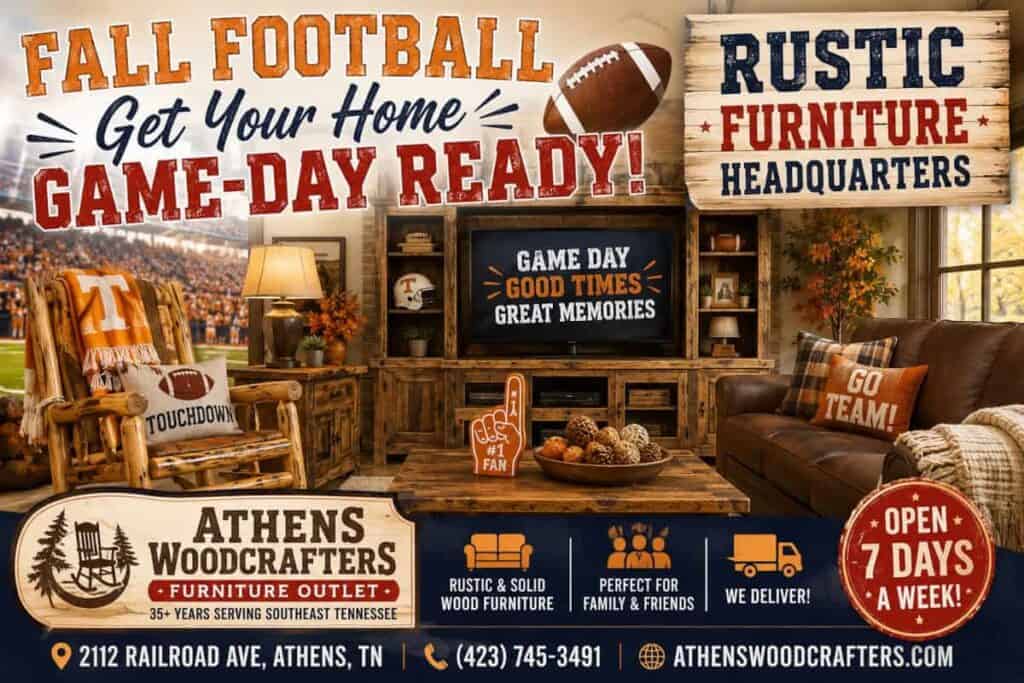 Cozy rustic furniture display at Athens Woodcrafters Furniture Outlet.