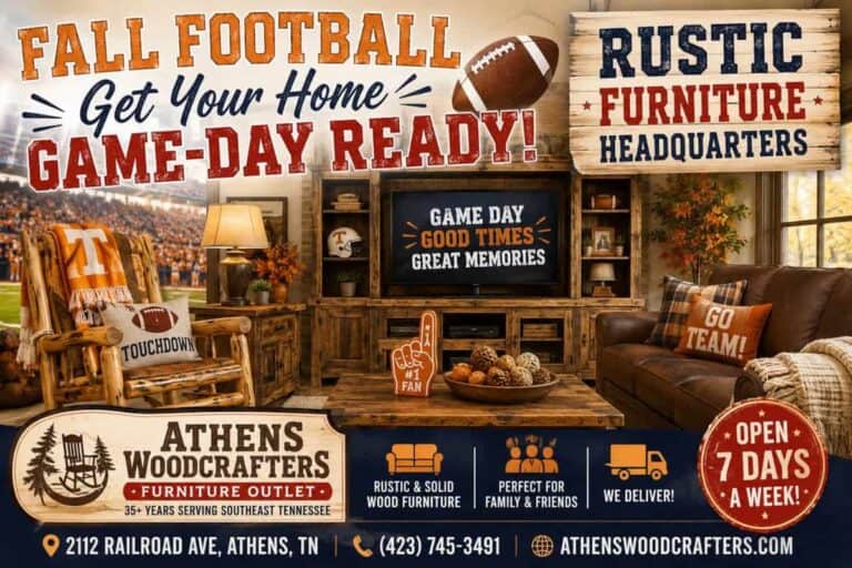 Cozy rustic furniture display at Athens Woodcrafters Furniture Outlet.