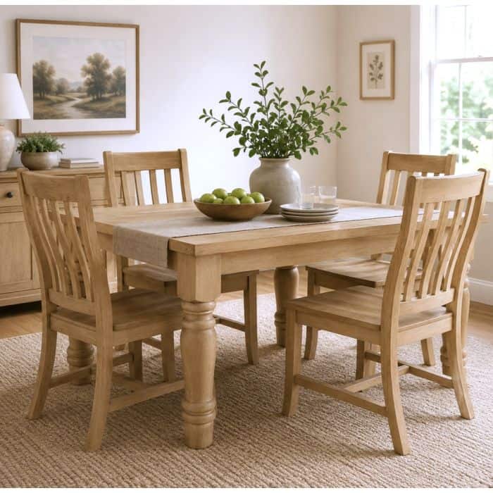 Wooden dining table with four chairs, vase with greenery, and natural light.