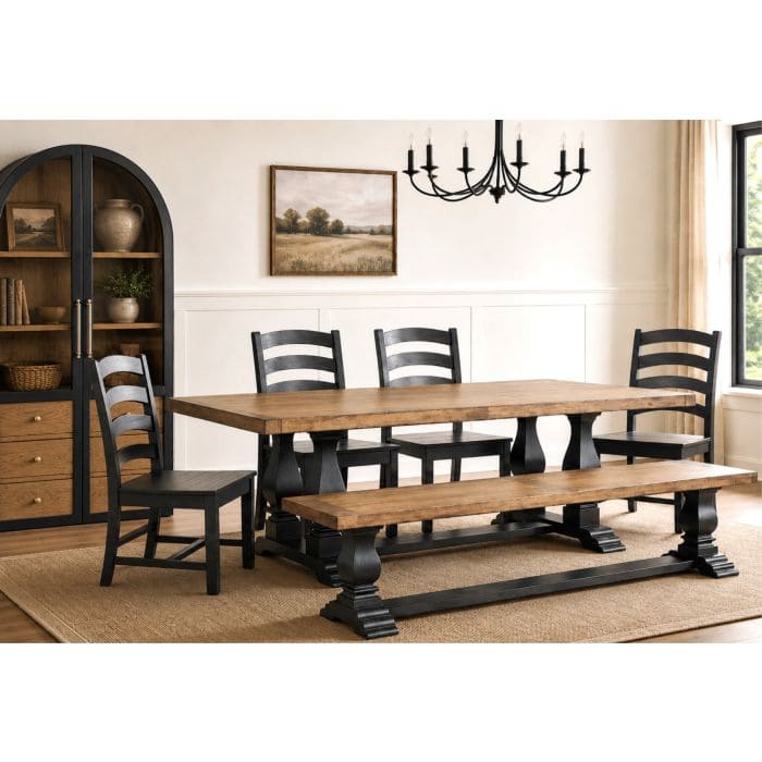 Pine Island Dining Table with matching chairs in a cozy dining room.