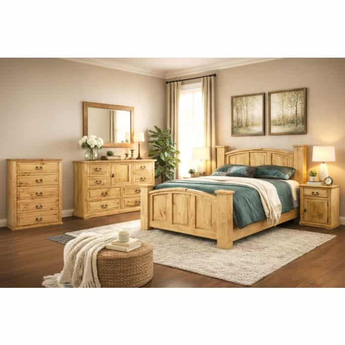 Natural wood bedroom furniture set with bed, dressers, and nightstands.