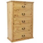 Natural wood chest of drawers with black metal handles.