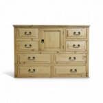 Natural wood dresser with multiple drawers and a central cabinet.