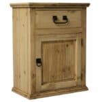 Natural wood nightstand with drawer and cabinet for bedroom storage.