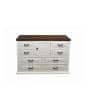 Elegant frosted white bedroom dresser with six drawers and wooden top.