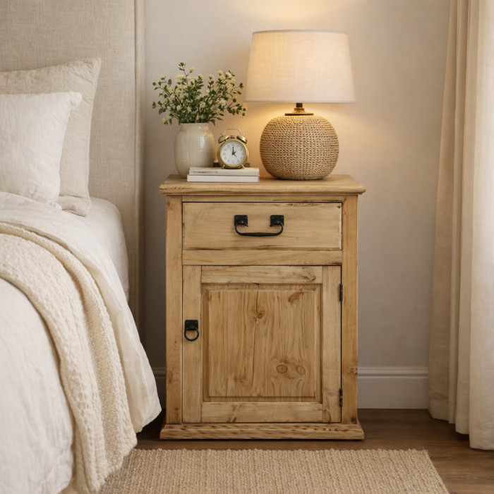 Natural wood nightstand with drawer and cabinet in bedroom setting.