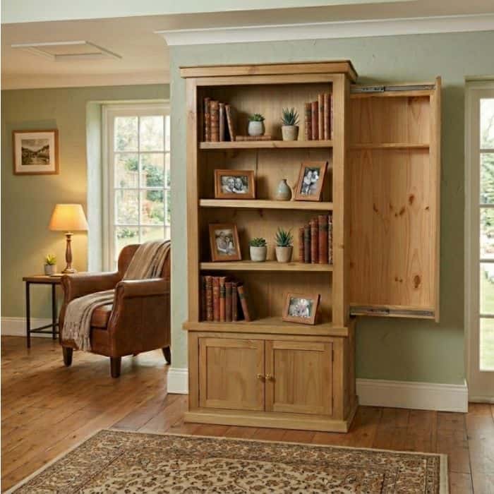 Natural wood bookcase with shelves and cabinet for home storage.